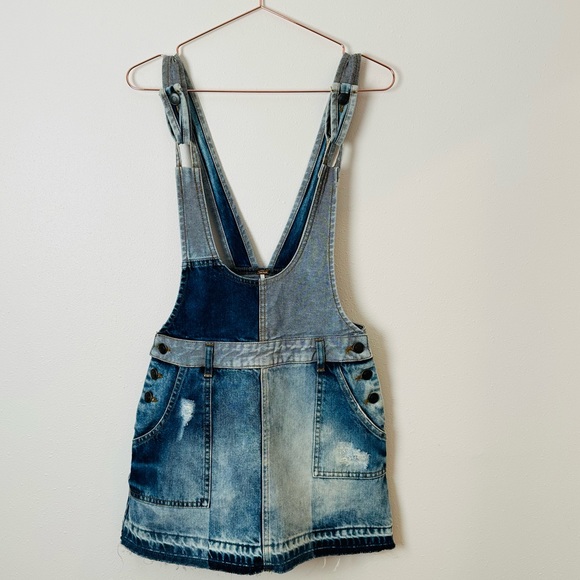 Free People Patchwork Blues Blue Denim Pinafore Overall Jean boho mini Dress - Picture 11 of 13